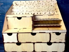 A high-angle shot of the organizer from above, showcasing its full design and the arrangement of items inside.