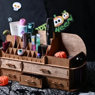 A close-up shot of the "Aphrodite" makeup organizer, filled with various cosmetic products, highlighting the texture of the natural wood and its warm tones.