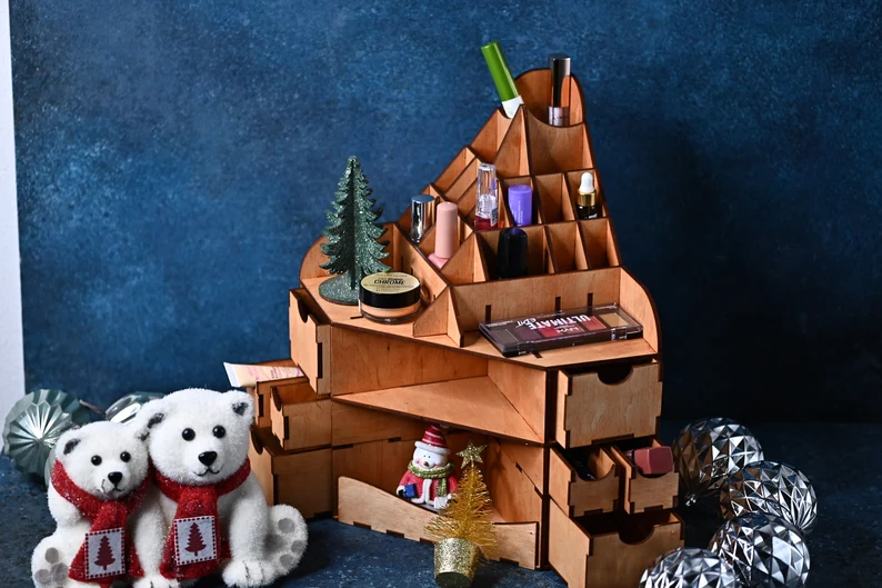 Image of the closed "Cleopatra" corner organizer placed on a vanity table.