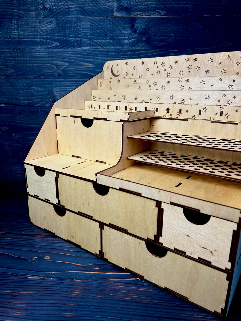 A flat lay image of the organizer with a few key beauty products laid out around it.