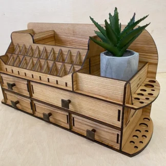 A top-down view of the organizer, showcasing its full layout and the thoughtful arrangement of cosmetics within.