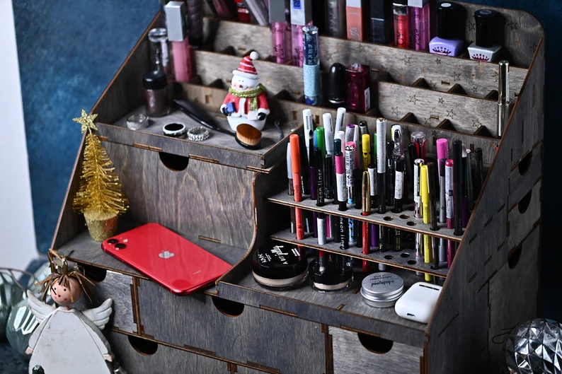 The "Eve" organizer on a vanity, showing how it fits into a room and helps maintain order.
