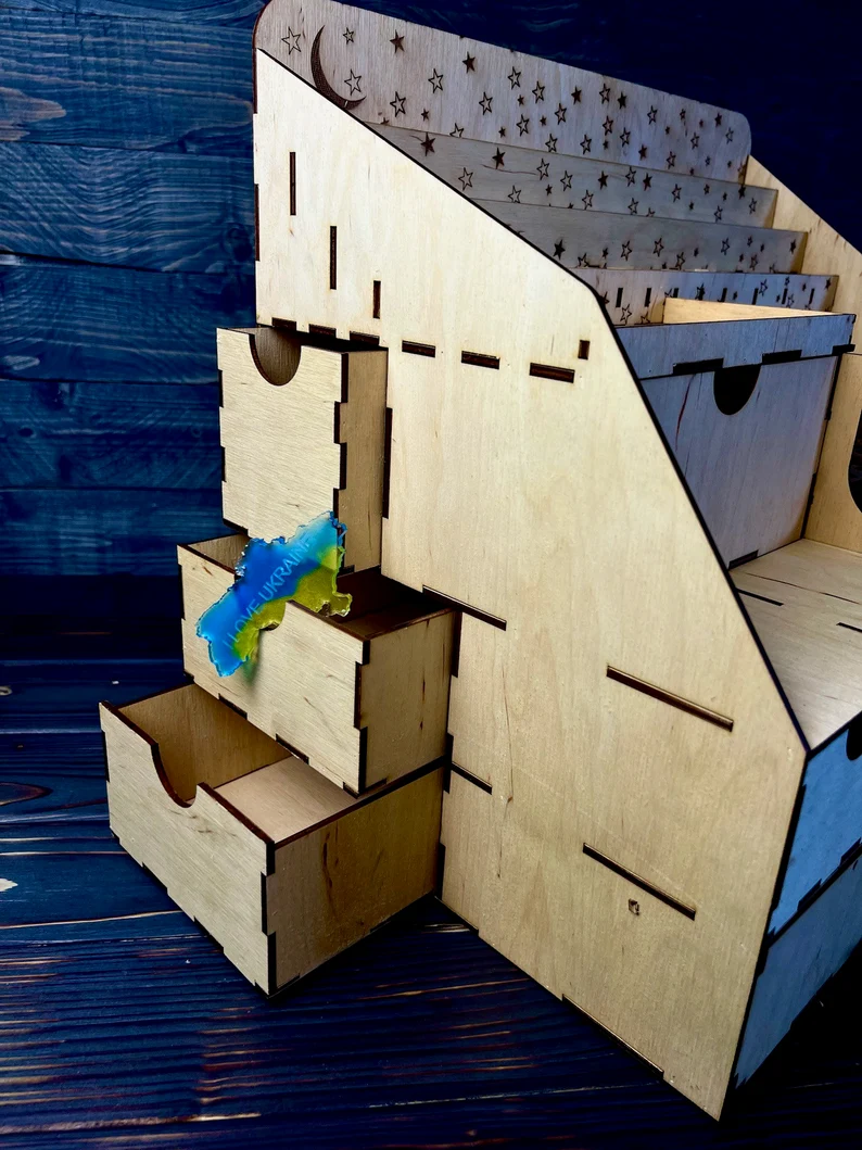 The "Eve" organizer on a vanity, showing how it fits into a room and helps maintain order.