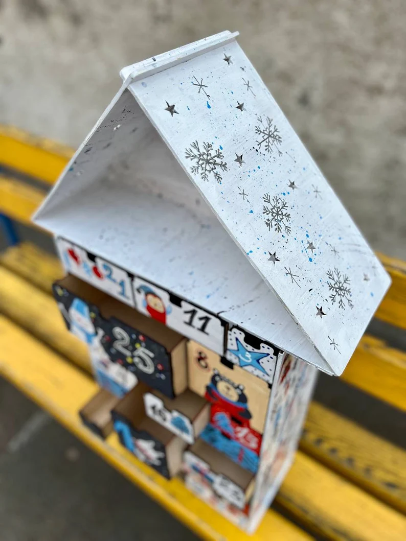 A photo showing the calendar from the side, to emphasize its depth and solid wooden construction.