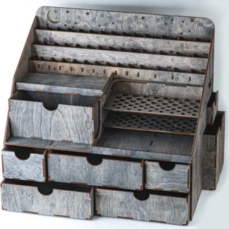 A flat lay image of the organizer with a few key beauty products laid out around it.