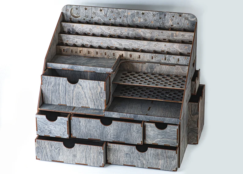 A flat lay image of the organizer with a few key beauty products laid out around it.