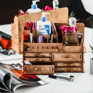 An image where a hand is carefully placing a bottle on one of the organizer's shelves.