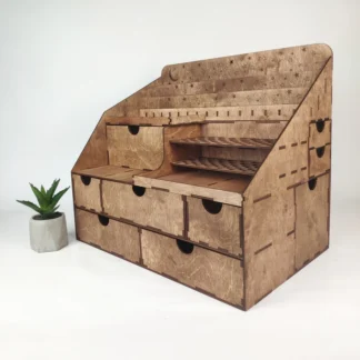 A top-down view of the organizer showing its numerous compartments filled with a variety of beauty products.