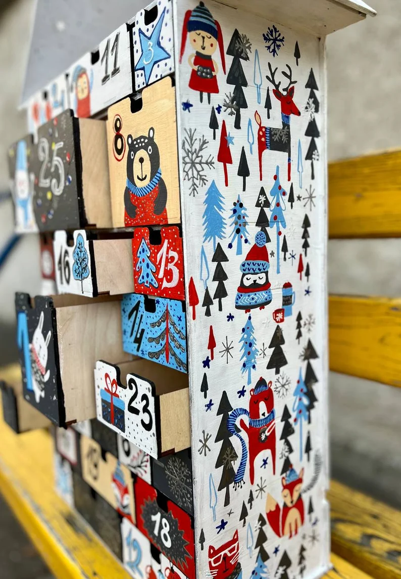 A close-up shot of several of the small, numbered drawers on the advent calendar, some of which are slightly open.