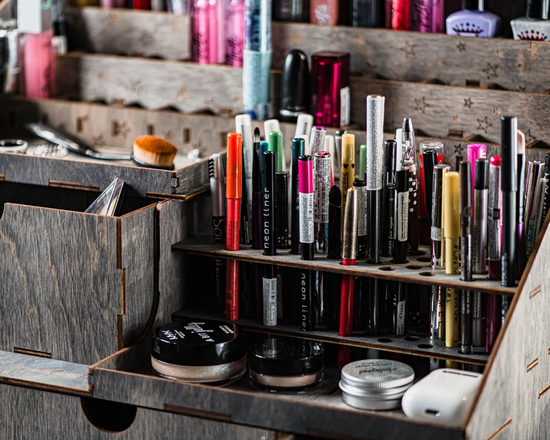 A lifestyle photo of the organizer on a large dresser, demonstrating its scale and elegance.