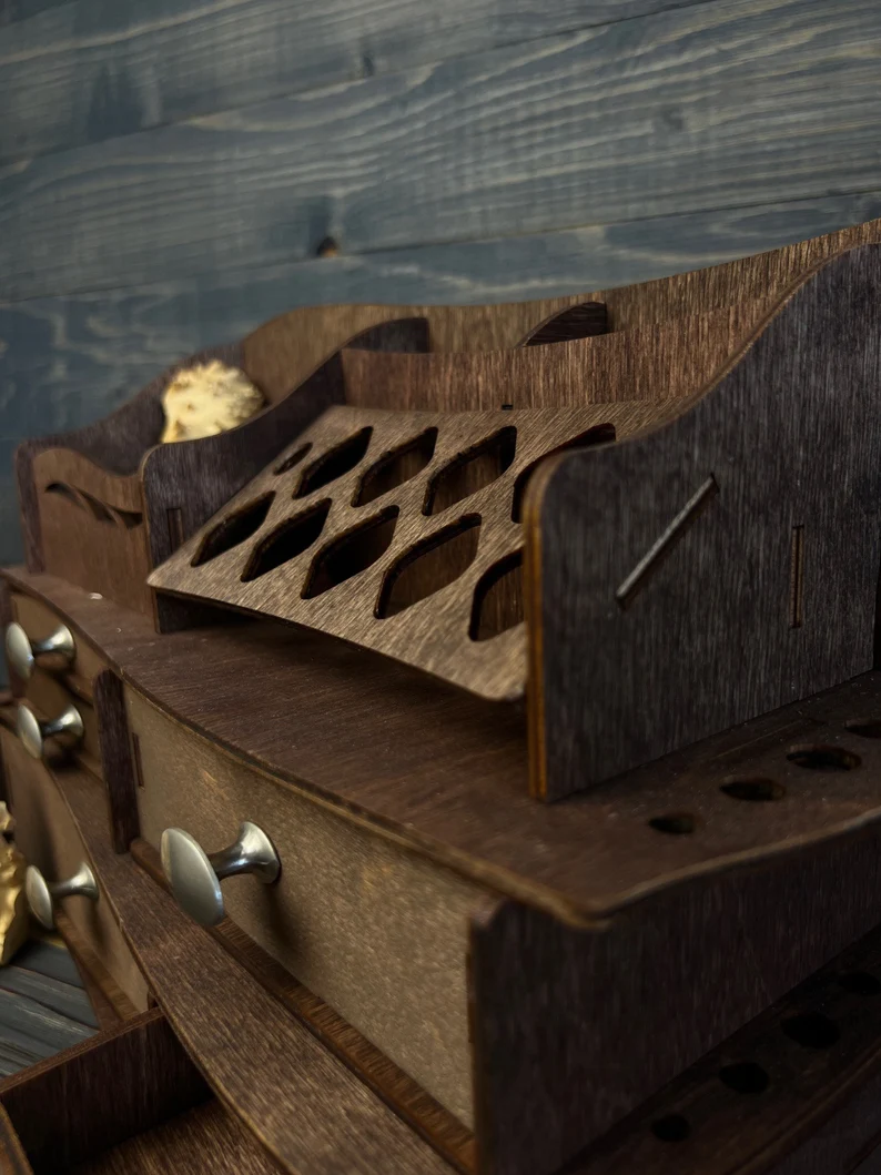 The "Siren" organizer on a vanity, demonstrating how it fits into the interior.