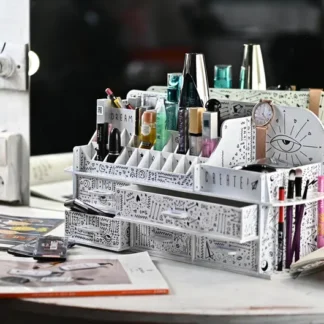 A lifestyle shot of the organizer in a brightly lit room, emphasizing its luxurious feel.