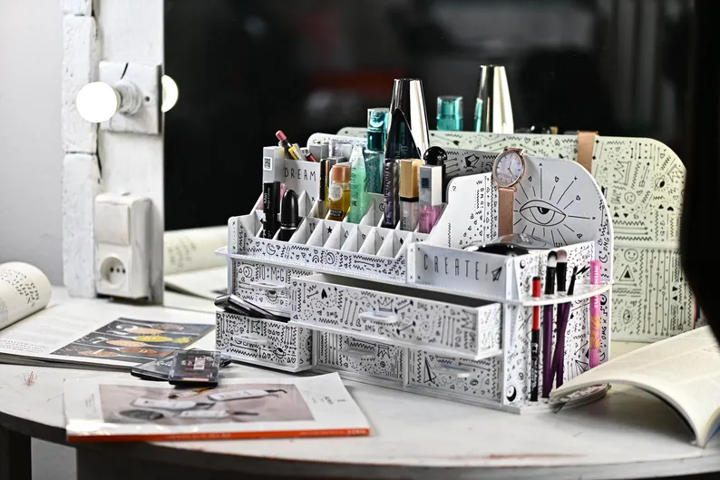 A lifestyle shot of the organizer in a brightly lit room, emphasizing its luxurious feel.