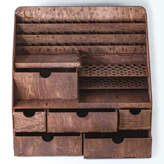 The "Eve" organizer on a vanity, showing how it fits into a room and helps maintain order.