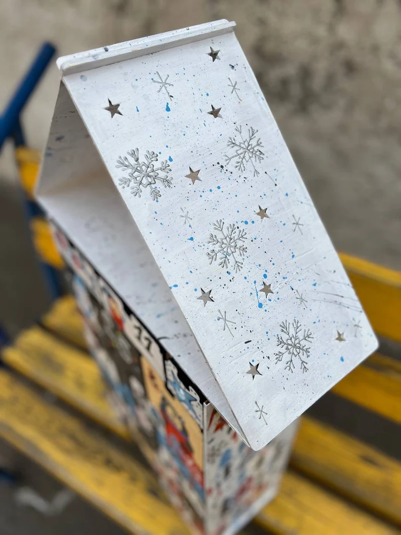 A close-up on the hand-painted details of the roof or base of the calendar, highlighting the artistry.