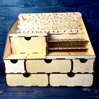 A high-angle shot of the organizer from above, showcasing its full design and the arrangement of items inside.