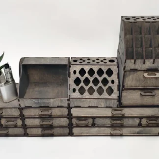 A close-up on a single compartment of the organizer, filled with lipstick and small beauty items.