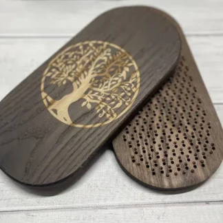 A top-down view of the modular makeup organizer showing the various compartments and their ability to be rearranged.