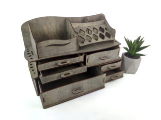 A lifestyle photo of the organizer on a vanity.