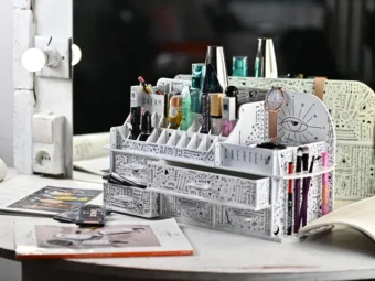 A lifestyle shot of the organizer in a brightly lit room, emphasizing its luxurious feel.