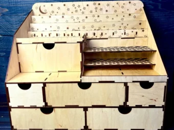 A high-angle shot of the organizer from above, showcasing its full design and the arrangement of items inside.