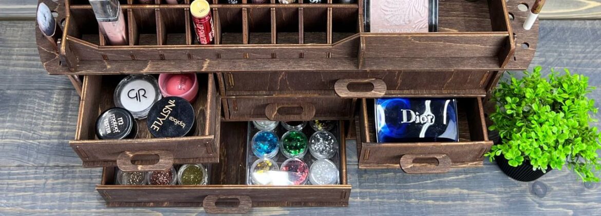 The Ultimate Wooden Makeup Organizer - Countertop Edition A beautifully styled photo of the ultimate wooden makeup organizer on a countertop, filled with a variety of makeup brushes, palettes, and cosmetic bottles.