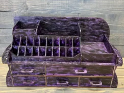 A top-down view of the organizer, showcasing its full layout and the thoughtful arrangement of cosmetics within.