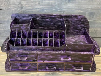 A top-down view of the organizer, showcasing its full layout and the thoughtful arrangement of cosmetics within.