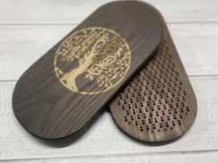 A top-down view of the modular makeup organizer showing the various compartments and their ability to be rearranged.