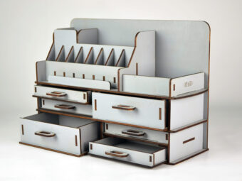 A side view of the organizer, highlighting its dimensions and the natural wood grain.