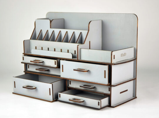 A side view of the organizer, highlighting its dimensions and the natural wood grain.